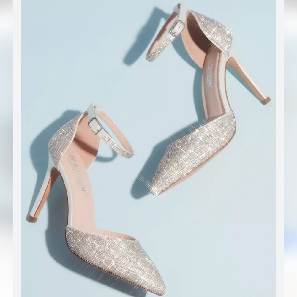 De Blossom Collection Micro Crystal Glitter Pointy Toe Ankle Strap Heels